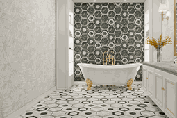 Bathroom with porcelain tile installed in its walls and floor.